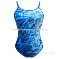 Ladies' V-back fitness swimsuit, one piece, allover sublimated printing, full 100% nylon lining